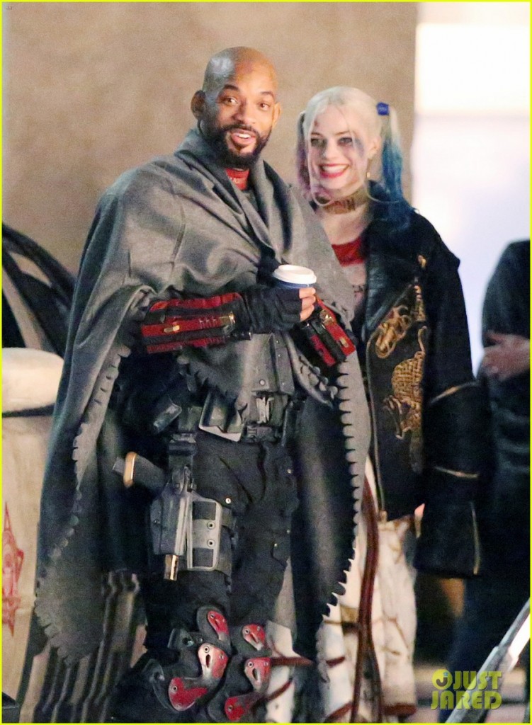 136928, EXCLUSIVE: Will Smith seen picking up Margot Robbie while filming 'Suicide Squad' in full costume. The Cast was filming on Bay street at 4am. The scene had fake rain that was pouring down on the stars and all seemed in good spirits about it. In movie Will Smith is seen as Deadshot, Margot Robbie as Harley Quinn, Jay Hernandez as El Diablo, Adam Beach, Adewale Akinnuoye-Agbaje as Killer Croc, Jai Courtney as Captain Boomerang, and Karen Fukuhara as Plastique. Will and Margot are re-united for the film after starring in the movie 'Focus' together, released in early 2015. Toronto, Canada - Saturday May 09, 2015. CANADA OUT Photograph: © PacificCoastNews. Los Angeles Office: +1 310.822.0419 sales@pacificcoastnews.com FEE MUST BE AGREED PRIOR TO USAGE