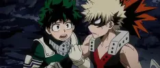 Arte muestra a Bakugo y Deku de My Hero Academia con aspecto joven