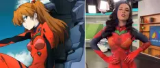 Presentadora del clima da pronóstico en cosplay de Asuka